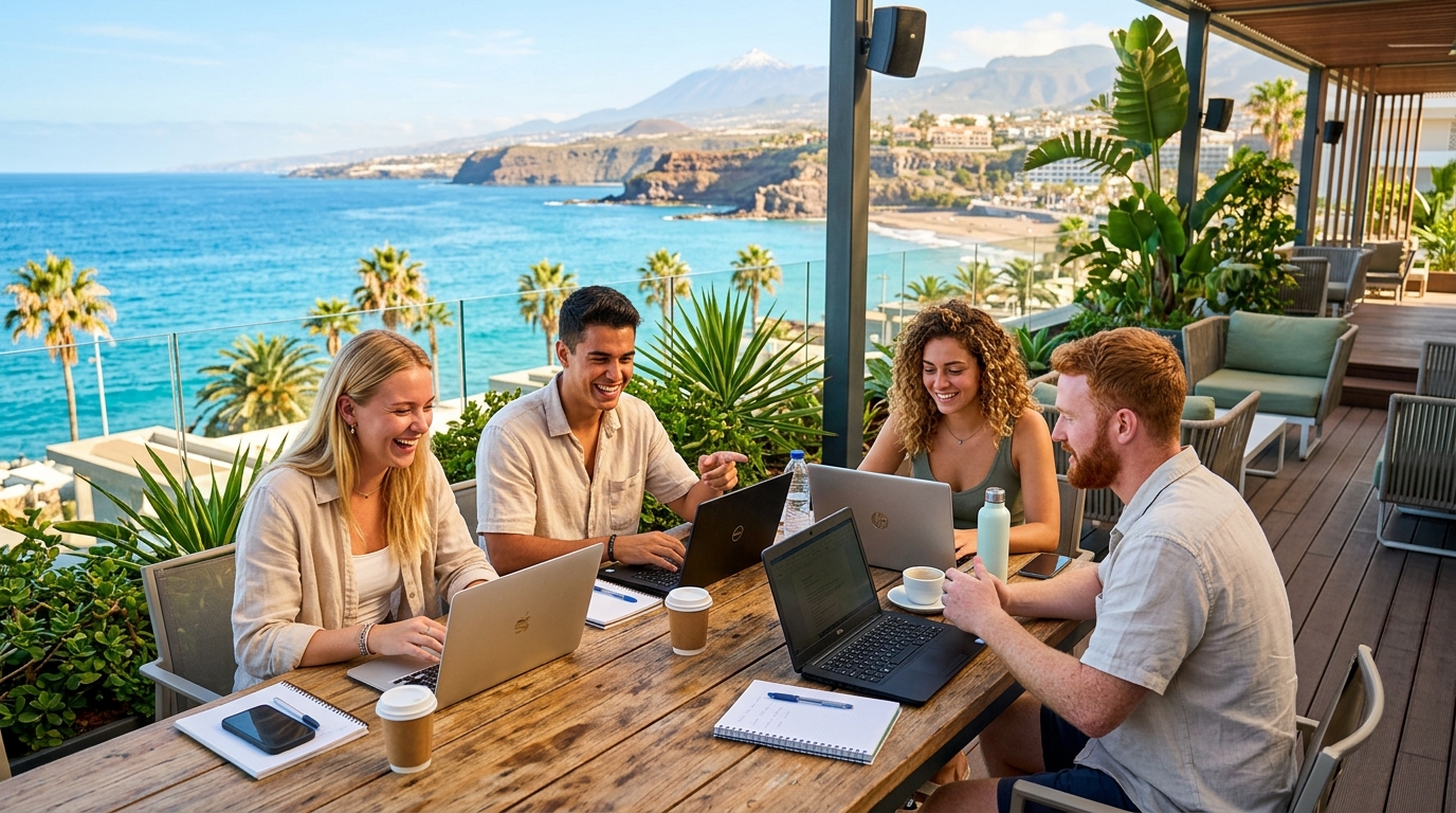 Étudiants stagiaires sur une terrasse ensoleillée face à l'océan à Tenerife